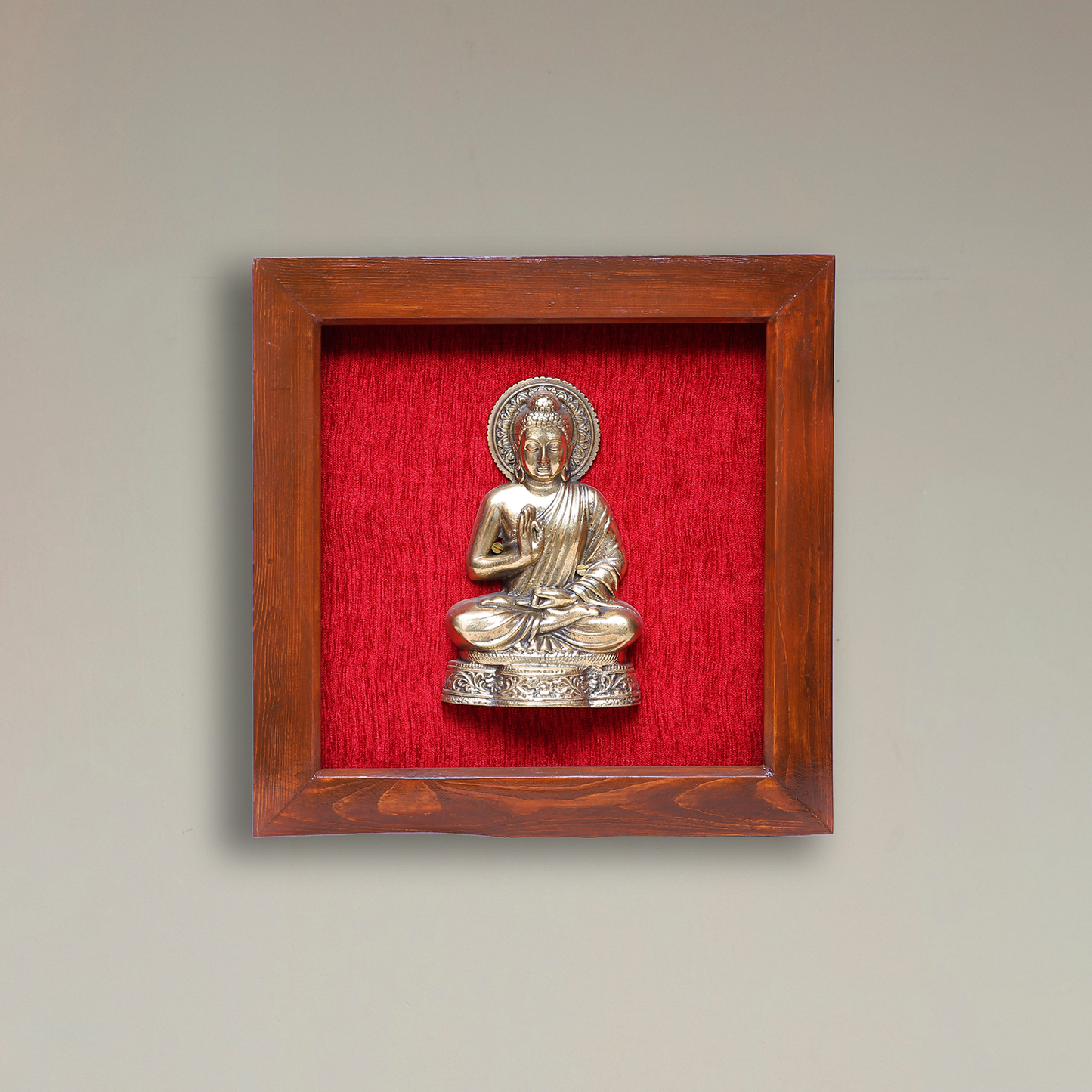 Brass Gautam Buddha in Wooden Frame with Red Background