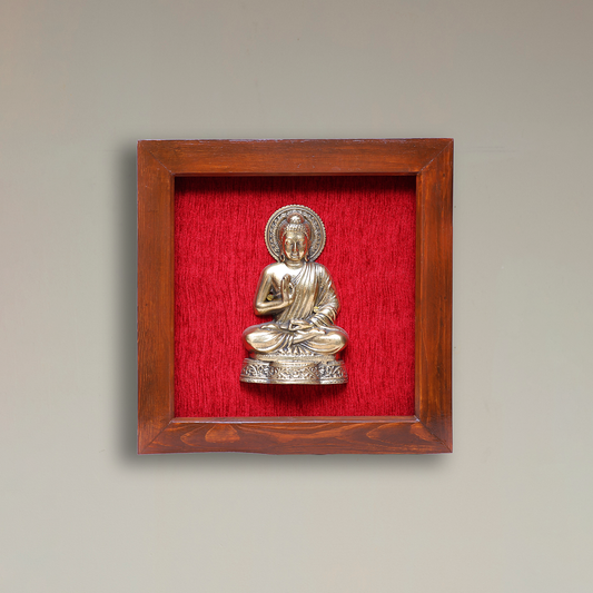 Brass Gautam Buddha in Wooden Frame with Red Background