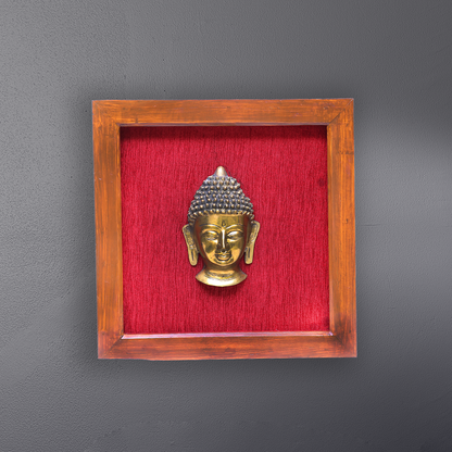 Brass Buddha Face Art in Wooden Frame