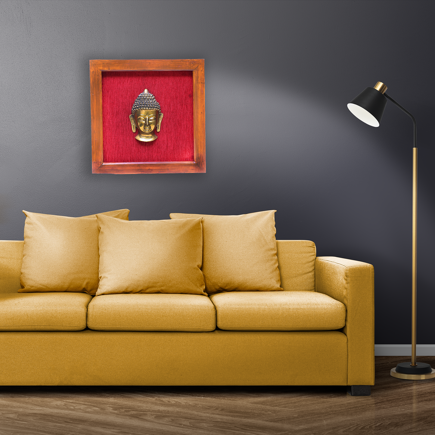 Brass Buddha Face Art in Wooden Frame