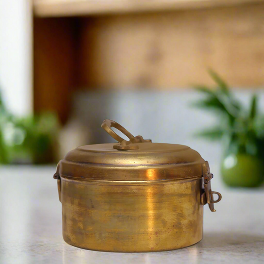 Vintage Brass Container with Carved Lid