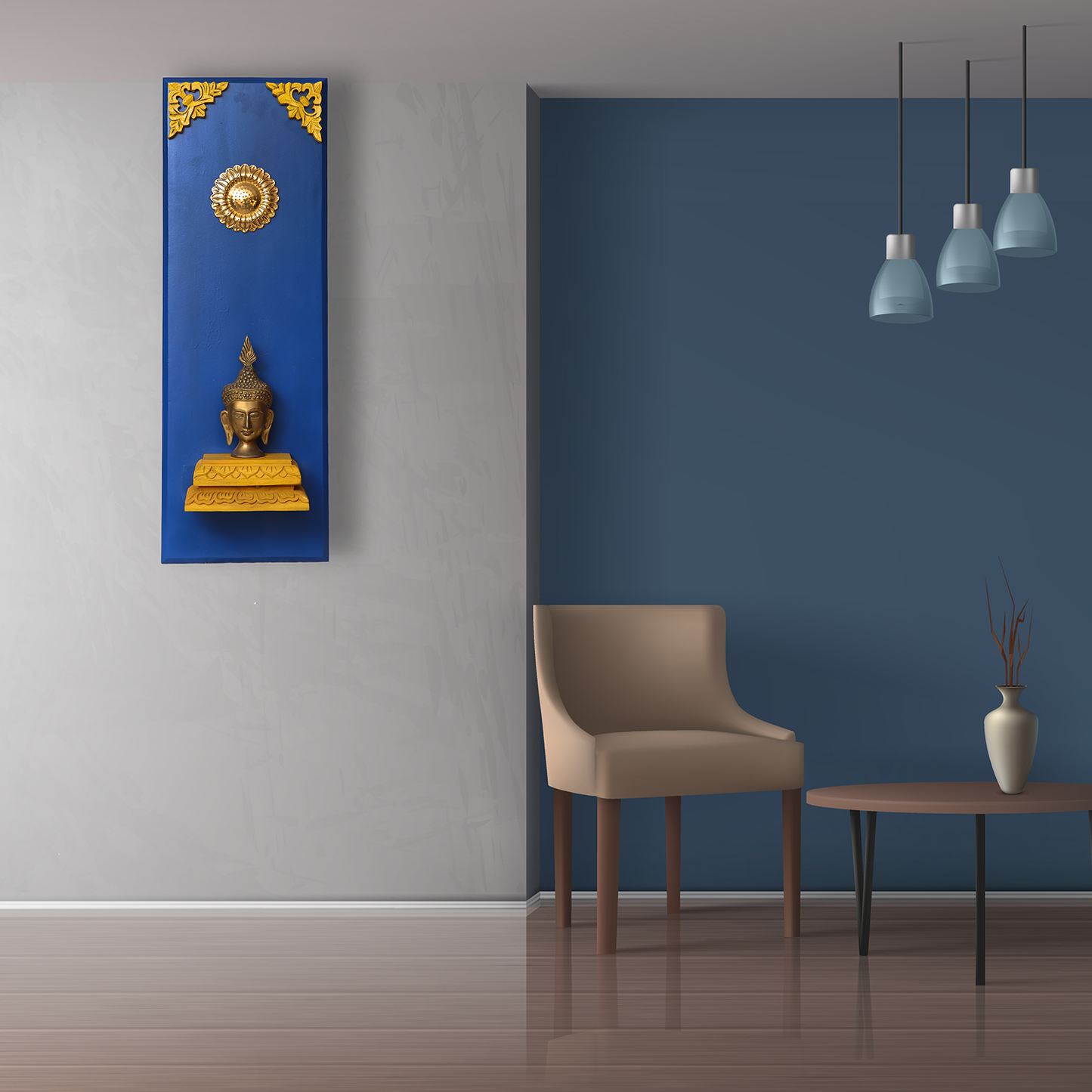 Brass Buddha on a Wooden Stand Wall Frame