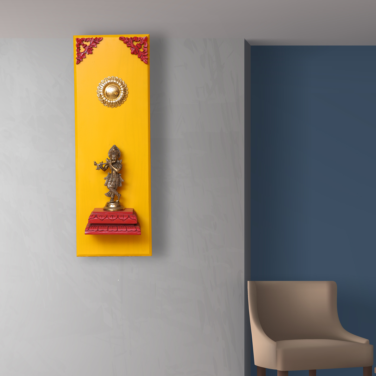Brass Lord Krishna on a Wooden Stand Wall Frame