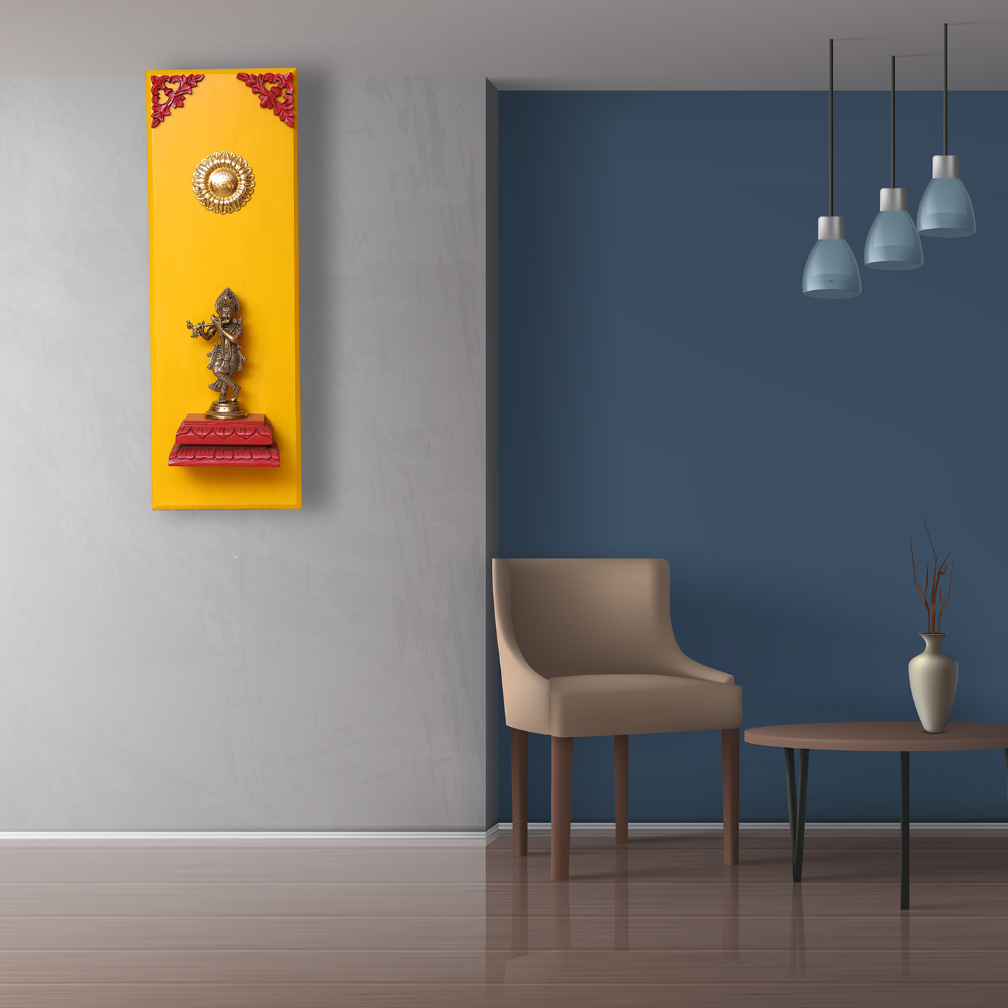 Brass Lord Krishna on a Wooden Stand Wall Frame