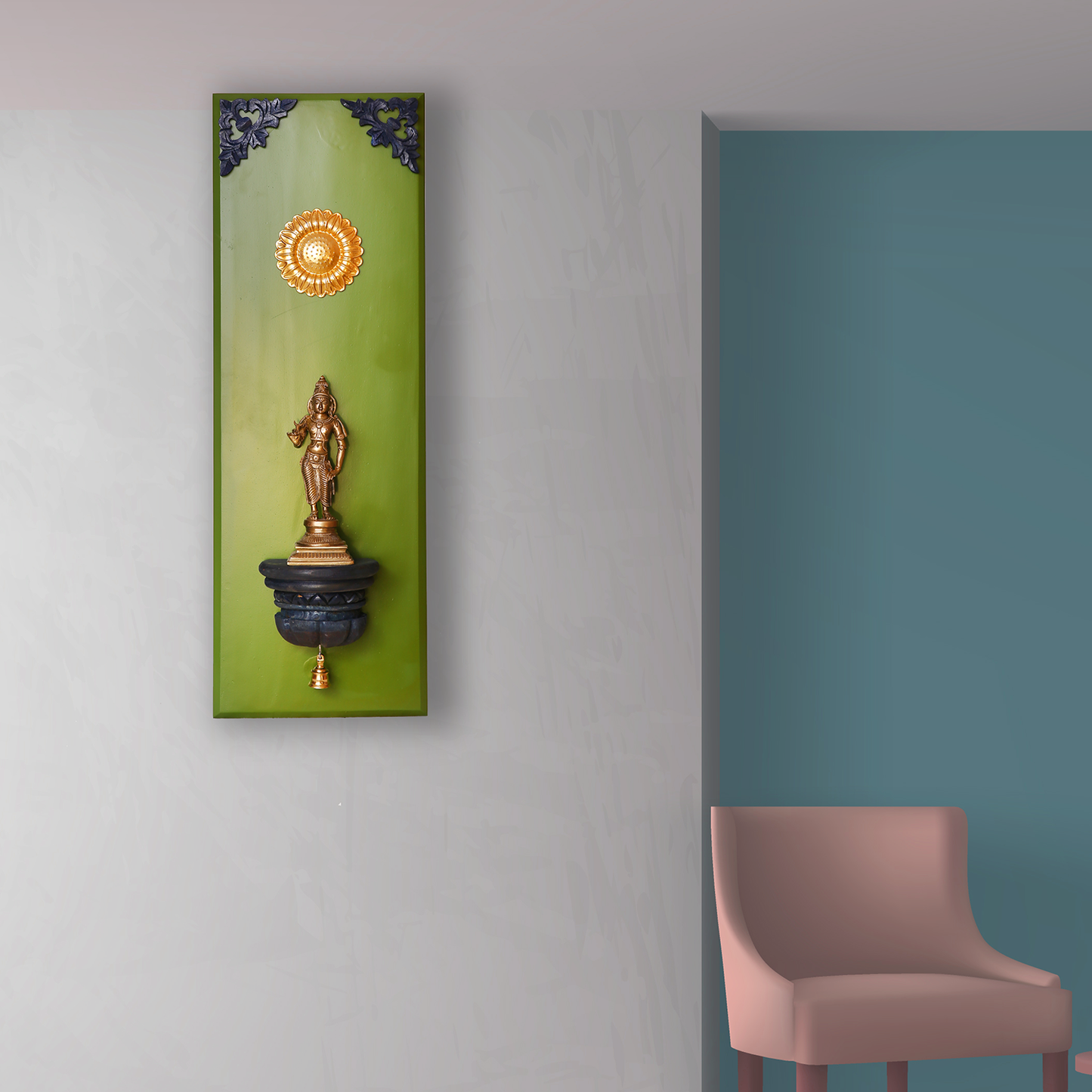 Brass Goddess Idol on Wooden Stand Wall Frame