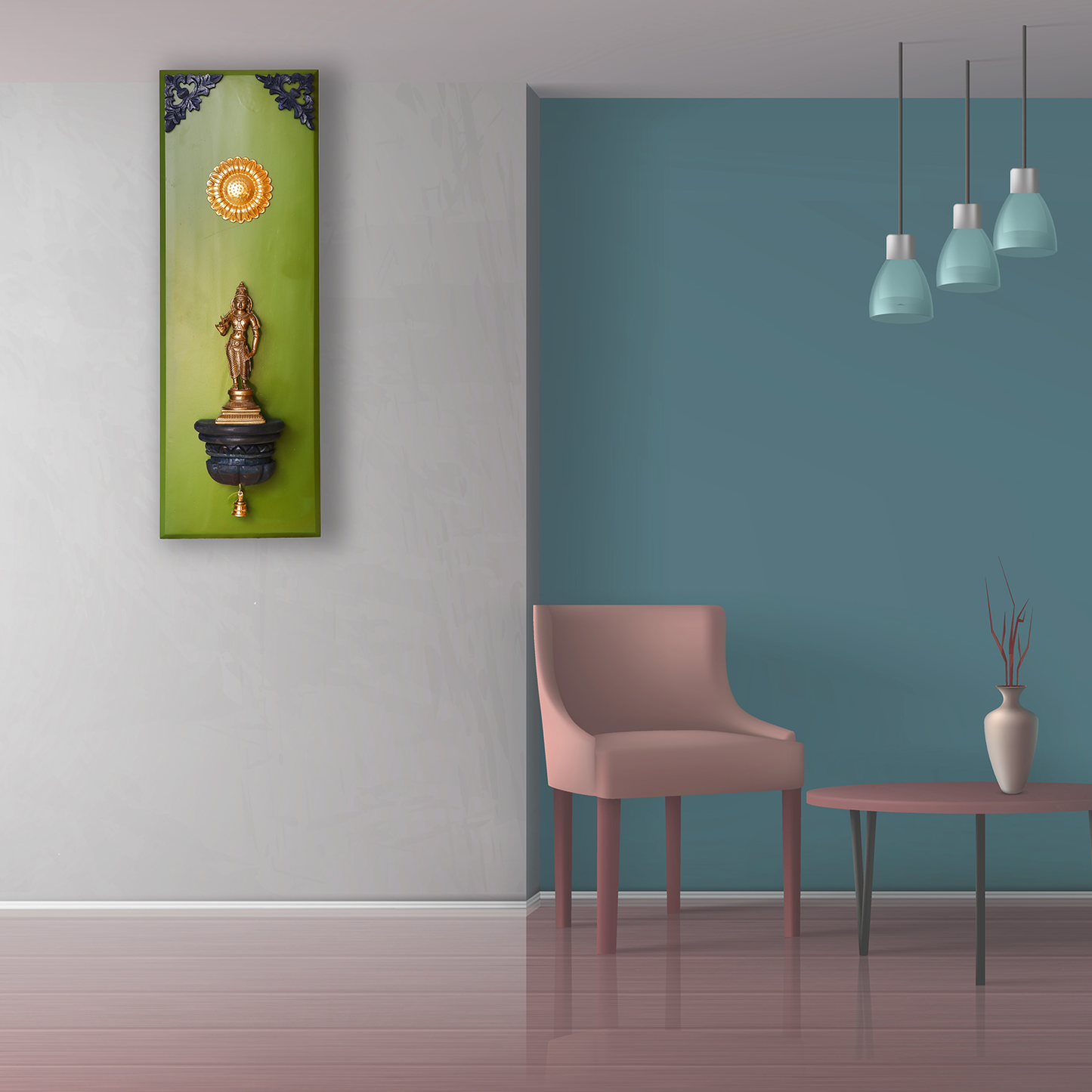 Brass Goddess Idol on Wooden Stand Wall Frame