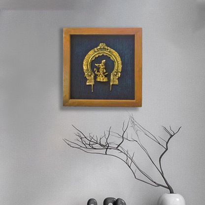 Divine Brass Framed Prabhavali with Dancing Krishna on Blue Background