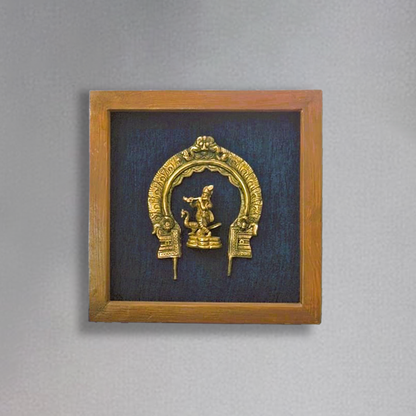Divine Brass Framed Prabhavali with Dancing Krishna on Blue Background