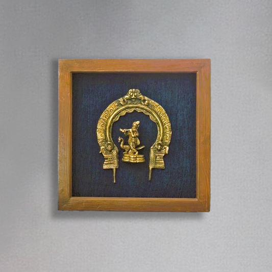 Divine Brass Framed Prabhavali with Dancing Krishna on Blue Background