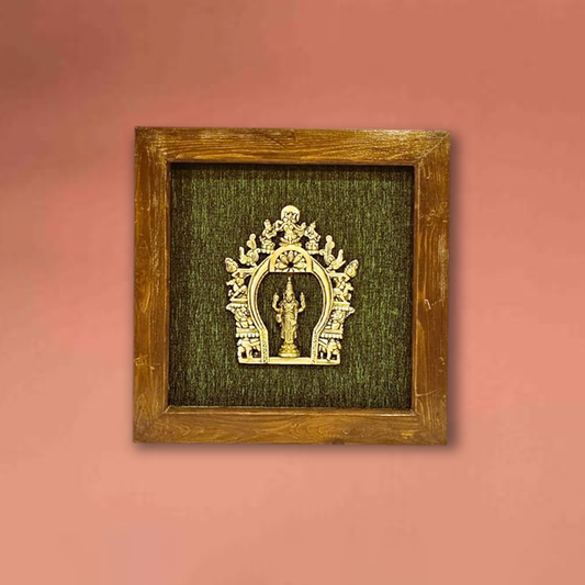 Divine Brass Framed Prabhavali with Balaji on Green Background