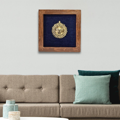 Divine Brass Framed Prabhavali with Surya Narayana on Blue Background