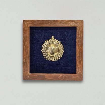 Divine Brass Framed Prabhavali with Surya Narayana on Blue Background