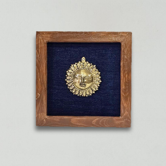 Divine Brass Framed Prabhavali with Surya Narayana on Blue Background