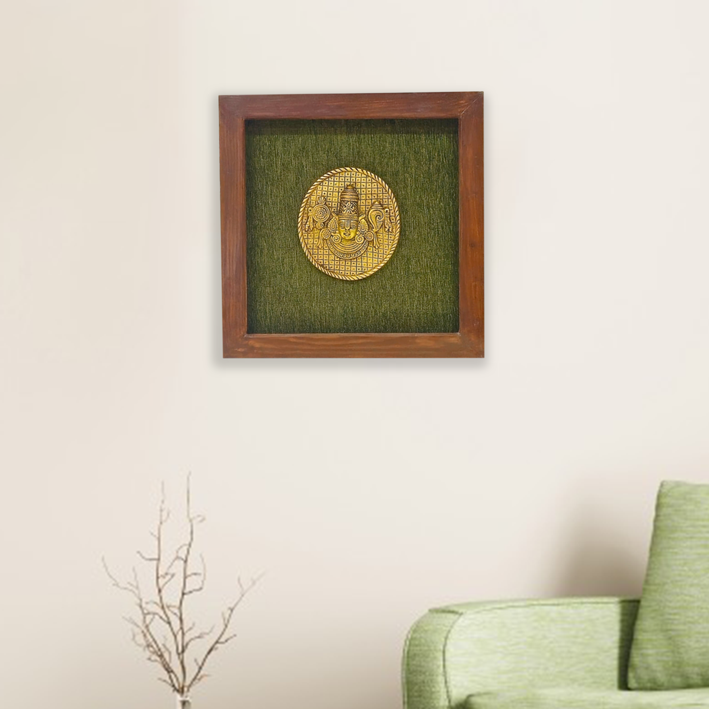 Lord Venkateshwara Face Art in Brass, Encased in Wooden Frame with Green Background