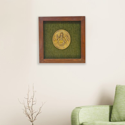 Lord Venkateshwara Face Art in Brass, Encased in Wooden Frame with Green Background
