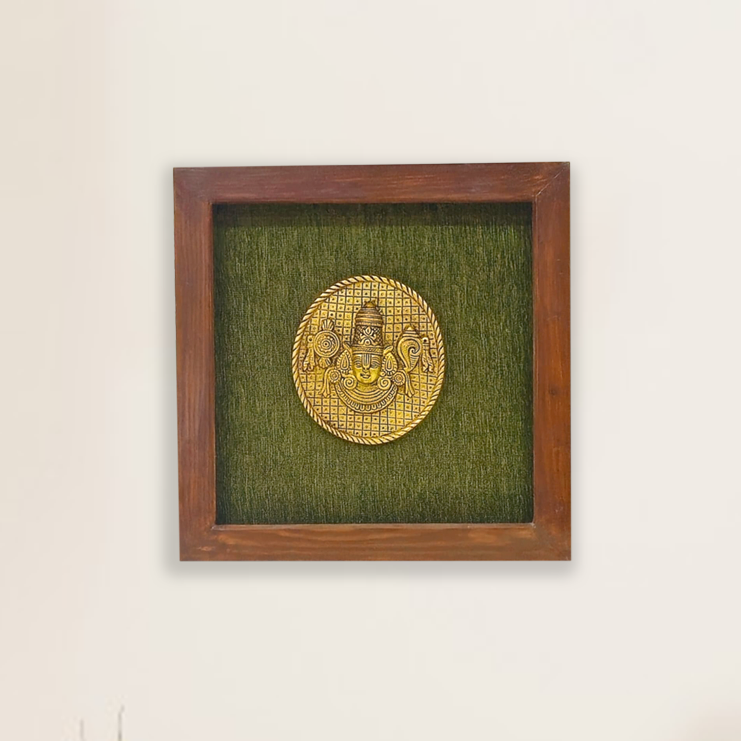 Lord Venkateshwara Face Art in Brass, Encased in Wooden Frame with Green Background