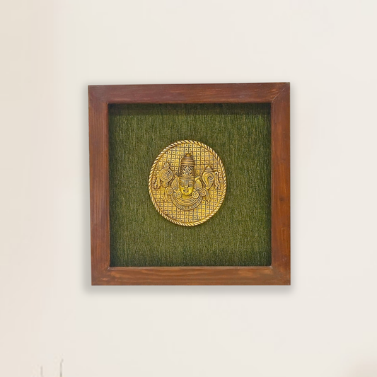Lord Venkateshwara Face Art in Brass, Encased in Wooden Frame with Green Background