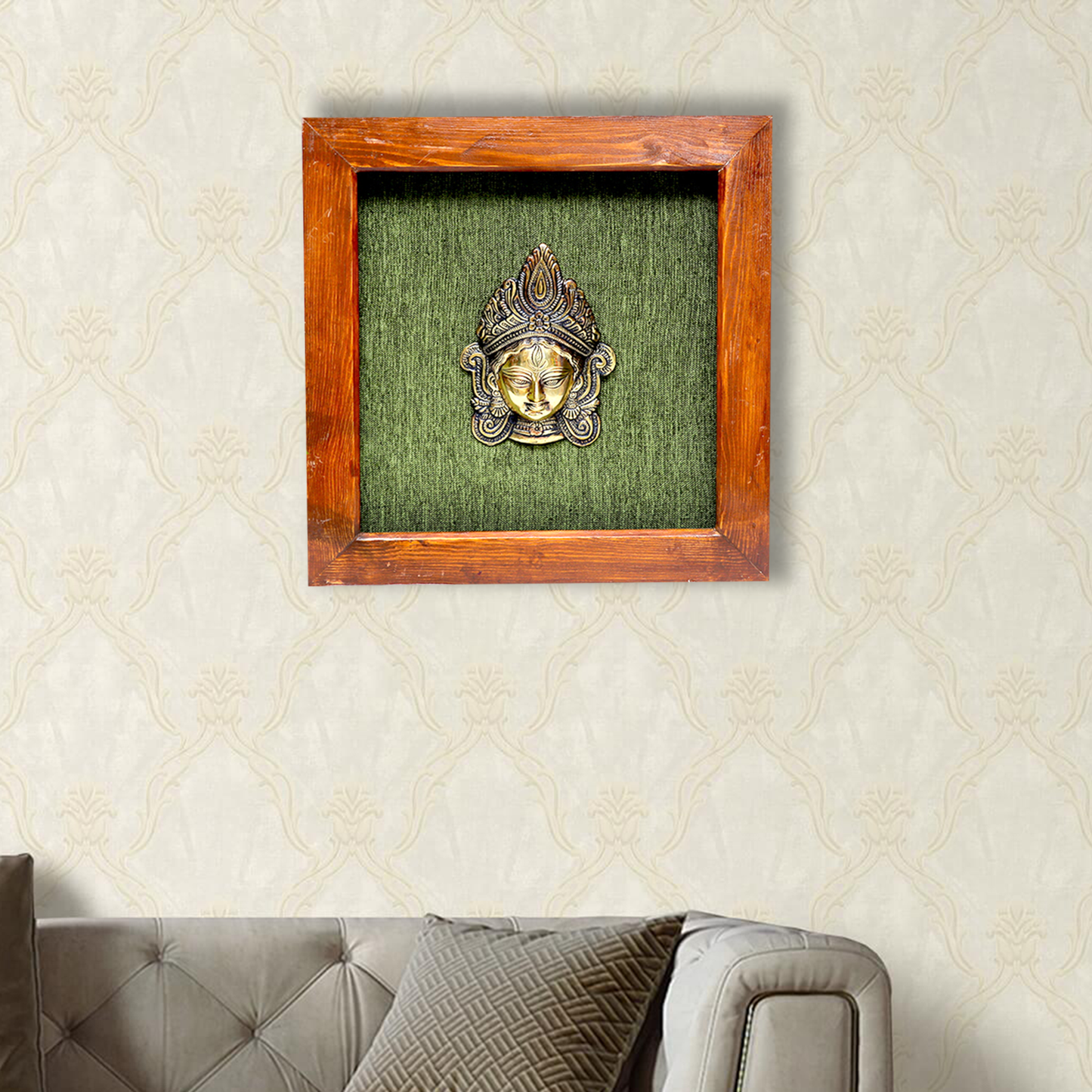 Ma Durga Face Art in Brass, Captured in a Wooden Frame with Green Background