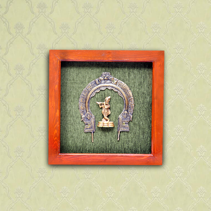 Divine Brass Framed Prabhavali featuring Dancing Krishna on Green Background