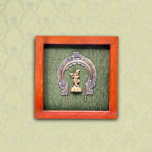 Divine Brass Framed Prabhavali featuring Dancing Krishna on Green Background