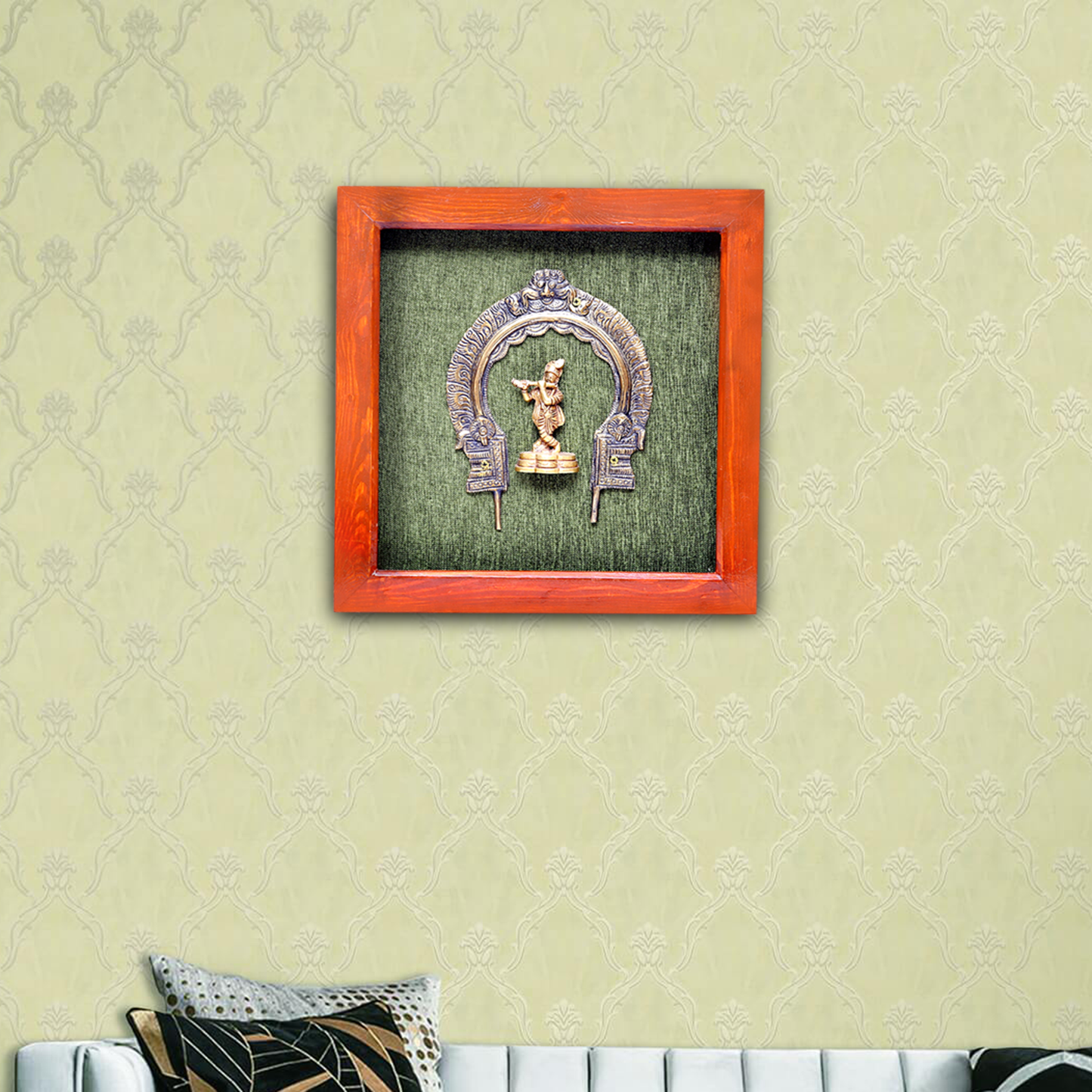 Divine Brass Framed Prabhavali featuring Dancing Krishna on Green Background