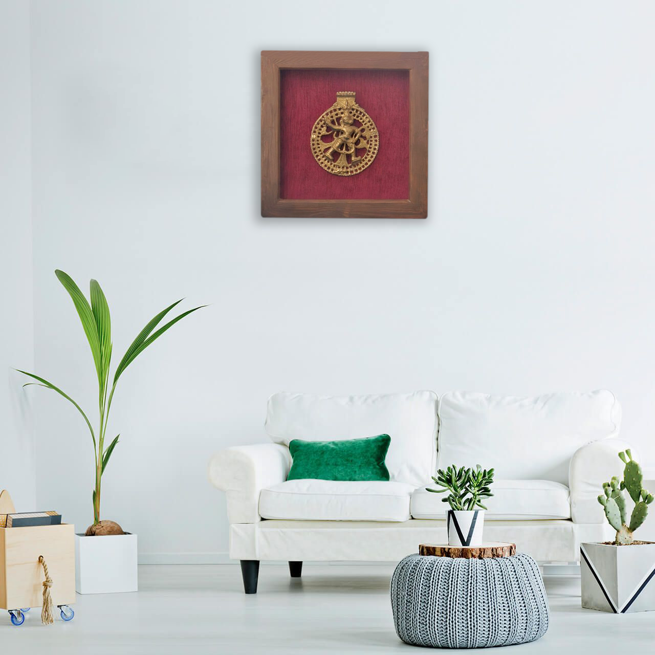 Brass Lord Balaji with Shank and Chakra in Wooden Frame with Floral Painting