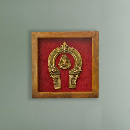 Divine Brass Framed Prabhavali with Lord Shiva Face on Red Background
