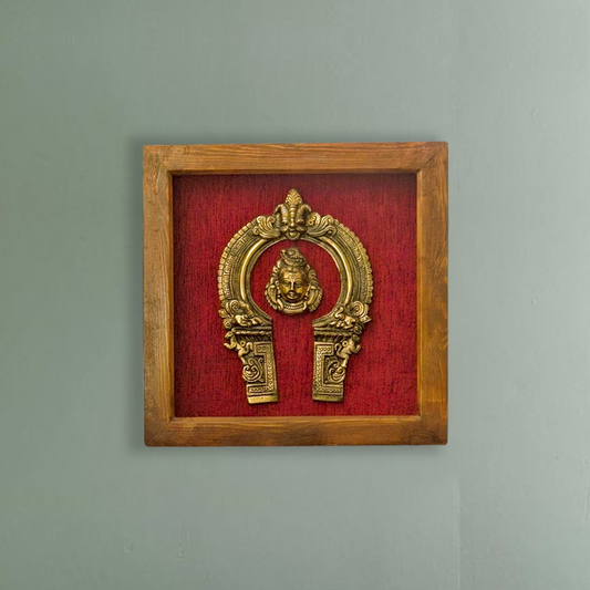 Divine Brass Framed Prabhavali with Lord Shiva Face on Red Background