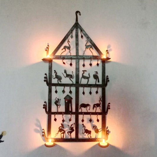 Wrought Iron Tribal Tea Light Holder: Artistic Wall Decor Accent