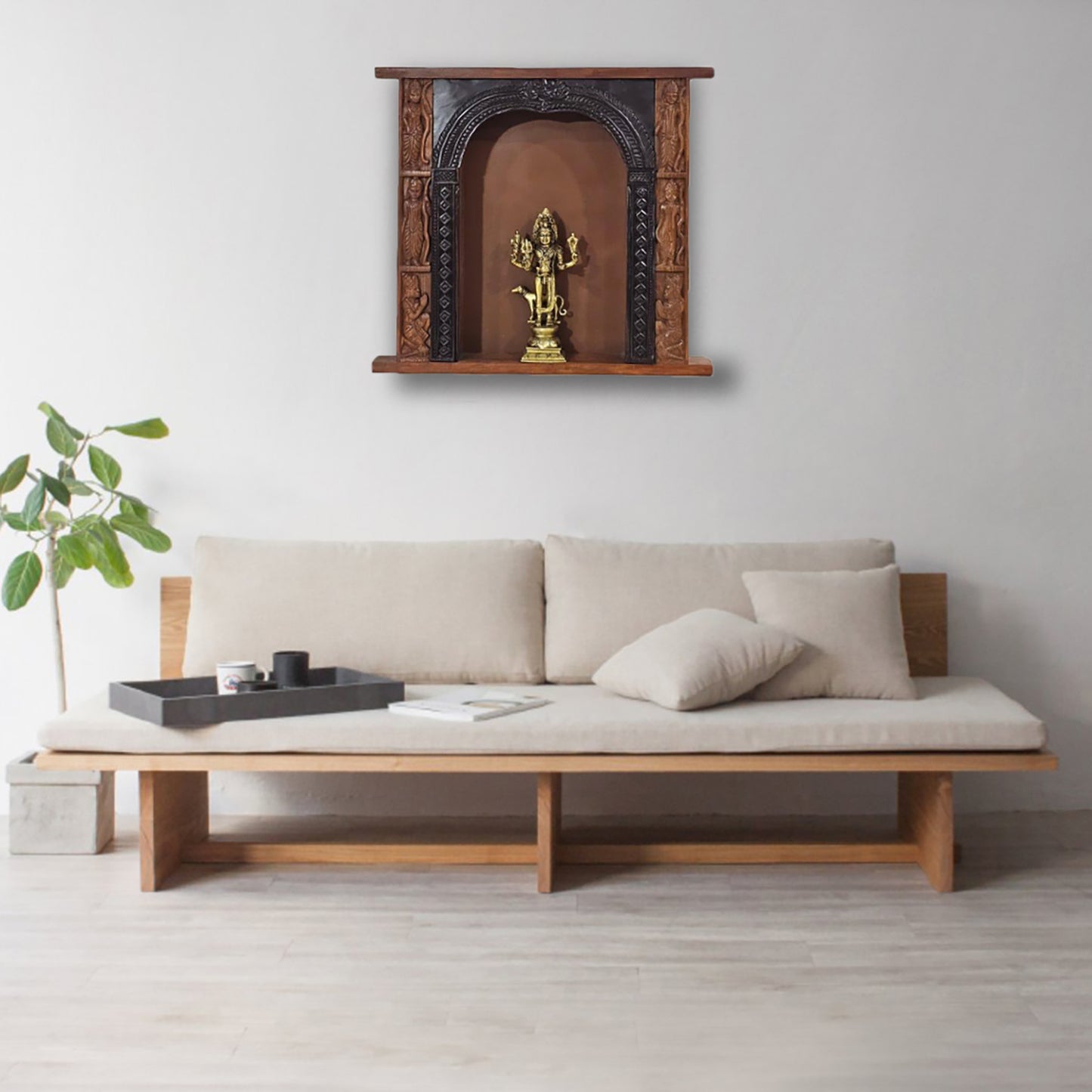 Exquisite Wooden Frame with Brass Bhairava Figurine