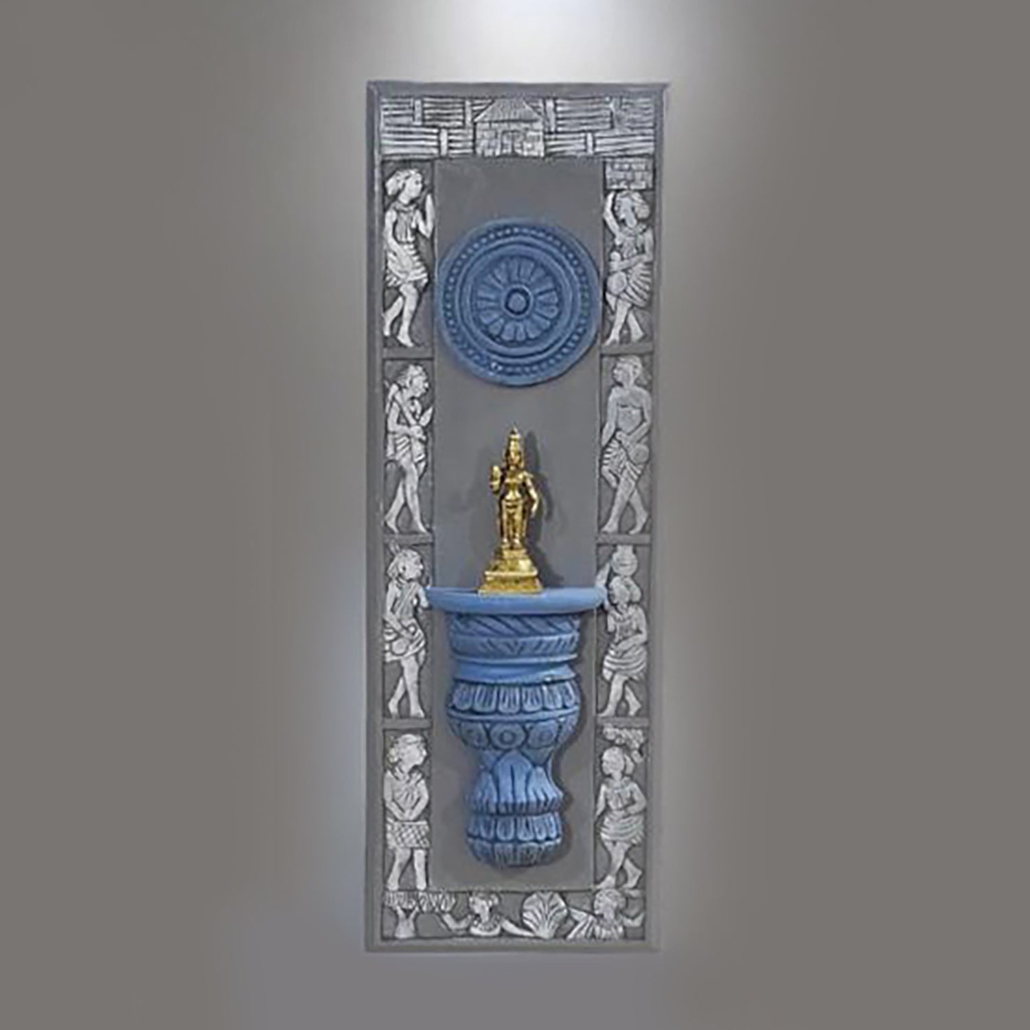 Brass Goddes Laxmi Holding a Lotus Flower Idol on a Wooden Stand Wall Frame
