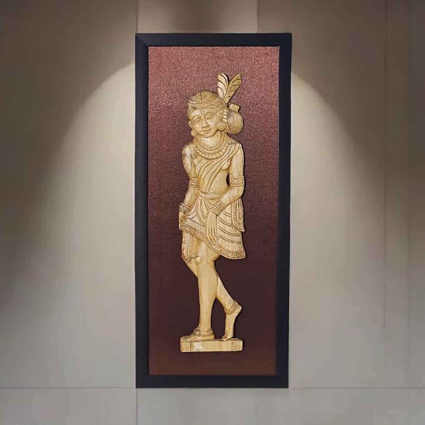 Handcrafted Wooden Female Tribal Figurine in Fiber Frame