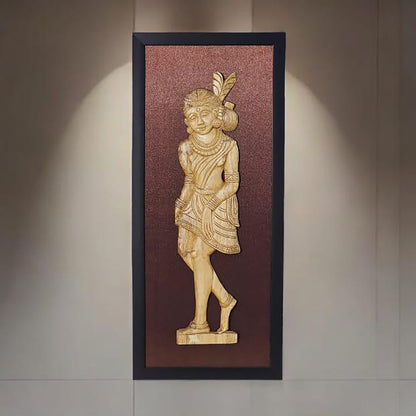 Handcrafted Wooden Female Tribal Figurine in Fiber Frame