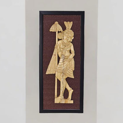 Handcrafted Wooden Female Tribal Figurine in Fiber Frame