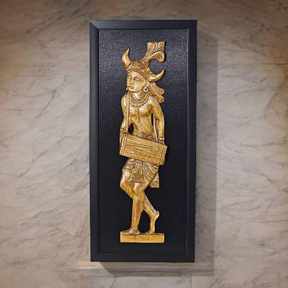 Handcrafted Wooden Tribal Musician Figurine in Fiber Frame