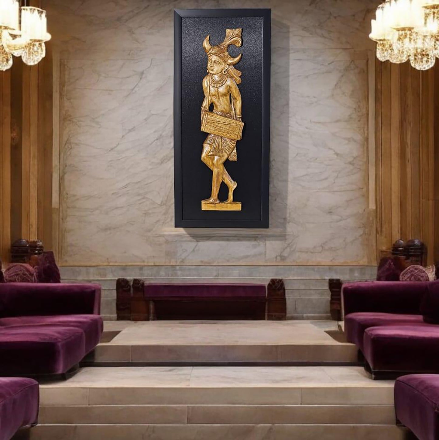 Handcrafted Wooden Tribal Musician Figurine in Fiber Frame