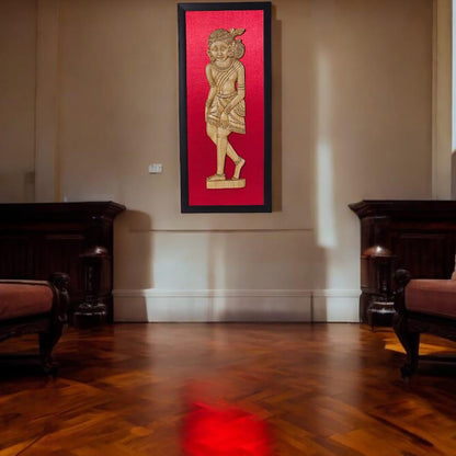 Handcrafted Wooden Female Tribal Figurine in Fiber Frame