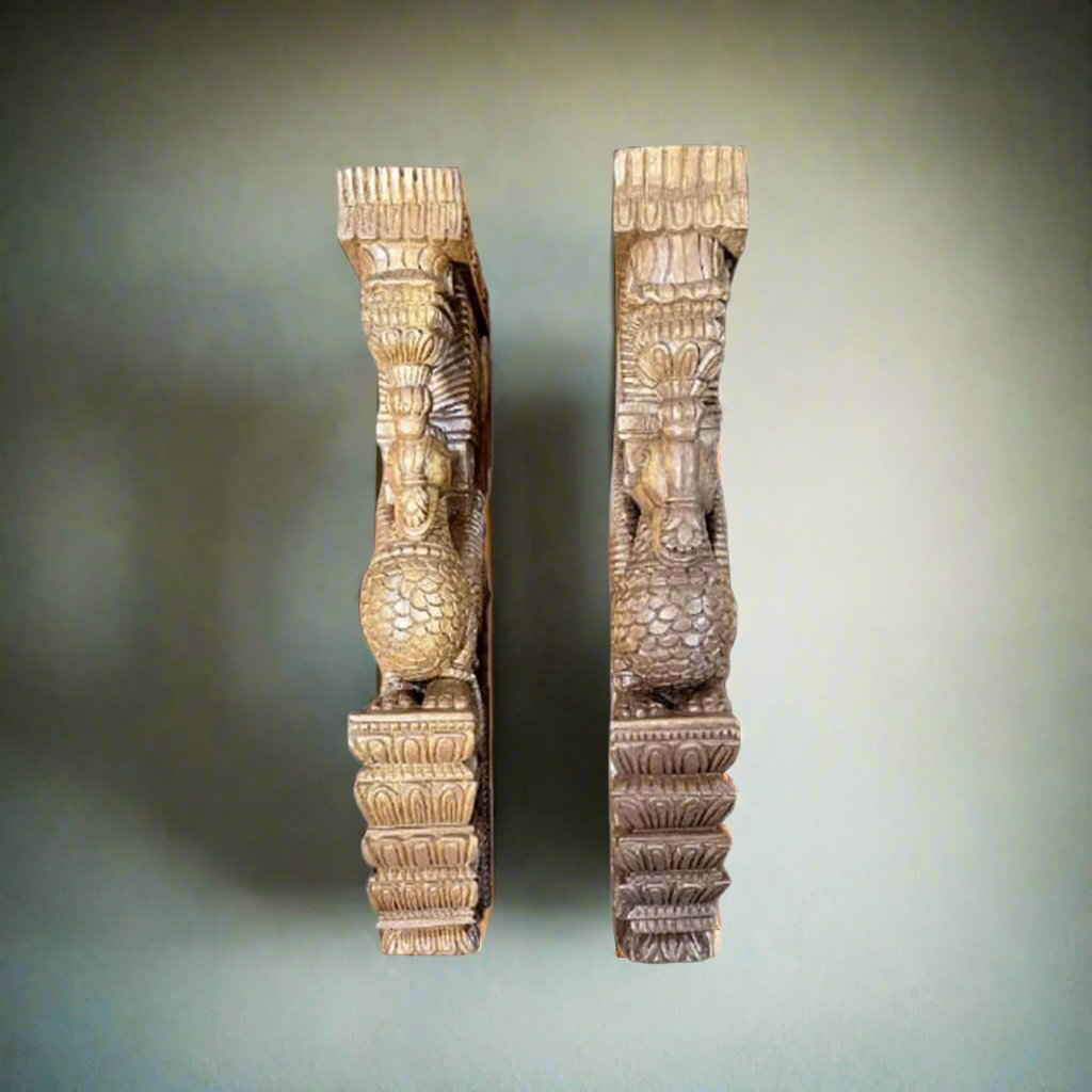 Handcrafted Wooden Peacock Wall Brackets - Pair
