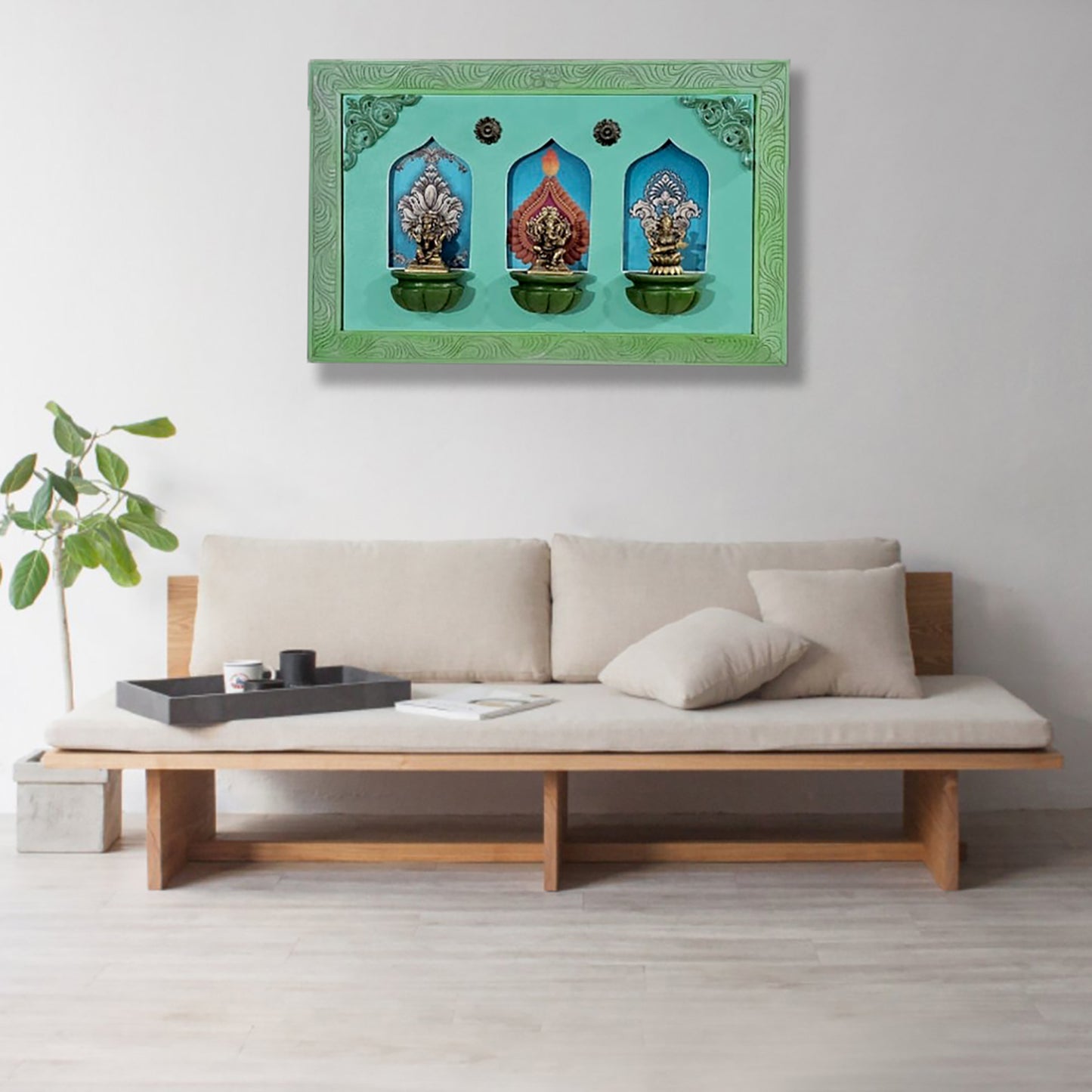 Brass Idols of Sarasvati, Ganesh, and Lakshmi with Stunning Wooden Frame Background Painting
