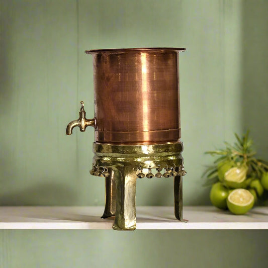 Vintage Pounded Water Copper Pot Dispenser with Brass Spigot and Stand
