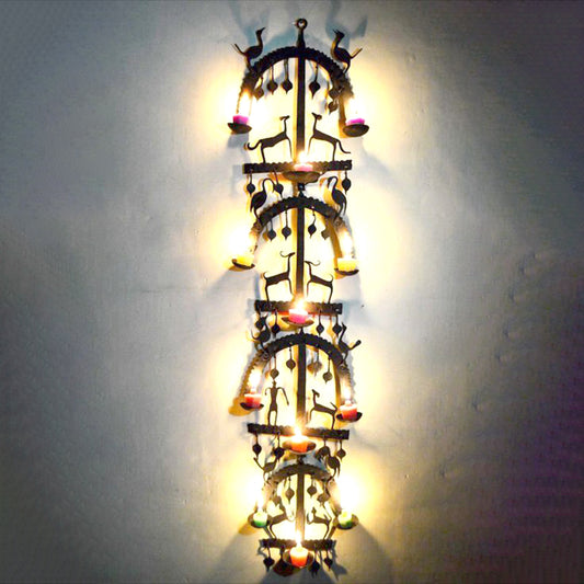 Wrought Iron Tribal Multi-Tea Light Holder Wall Hanging: Cultural Fusion Illuminating Your Home